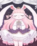  1girl animal_ears bow closed_eyes commentary_request cowboy_shot dress frilled_dress frills furry long_hair night night_sky open_mouth original pink_hair puffy_dress pyon_ko rabbit rabbit_ears ribbon sky solo star_(sky) starry_sky 