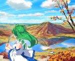  1girl autumn_leaves blue_sky clouds commentary_request day detached_sleeves frog_hair_ornament from_side gohei green_hair hair_ornament hair_tubes holding kochiya_sanae lake long_hair long_sleeves looking_away mountain outdoors reflection shirt sky snake_hair_ornament solo takuzui touhou tree upper_body white_shirt wide_sleeves 