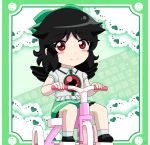  1girl alternate_hair_length alternate_hairstyle ankle_socks artist_name bird_wings black_footwear black_hair blush_stickers border character_name chibi commentary doily eyebrows_visible_through_hair green_background green_border green_skirt heart highres looking_at_viewer petticoat puffy_short_sleeves puffy_sleeves red_eyes reiuji_utsuho remyfive shirt short_hair short_sleeves skirt smile solo third_eye touhou tricycle white_legwear white_shirt wings yin_yang younger 