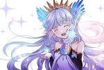  1girl blue_hair bridal_gauntlets detached_sleeves dress granblue_fantasy highres ice_crystal lily_(granblue_fantasy) long_hair myusha pointy_ears sparkle strapless strapless_dress tiara 