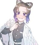  1girl belt black_hair black_jacket butterfly_hair_ornament clenched_teeth embarrassed gradient_hair hair_ornament haori highres jacket japanese_clothes kimetsu_no_yaiba kochou_shinobu kokemaru_(12tama02) long_sleeves looking_at_viewer multicolored_hair purple_hair shiny shiny_hair short_hair simple_background solo teeth violet_eyes wavy_mouth white_background white_belt 