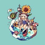  3girls azur_lane barefoot beach bird blue_swimsuit character_request chibi chick deal_with_it flower food fruit green_background hand_up hat holding_baseball_bat ino_futon jacket jewelry machinery manjuu_(azur_lane) multiple_girls necklace one-piece_swimsuit orange_eyes pixel_art straw_hat sunflower sunglasses swimsuit u-81_(azur_lane) umbrella watermelon waving white_hair white_jacket z46_(azur_lane) z46_(first_summer)_(azur_lane) 