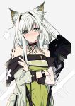  1boy 1girl animal_ear_fluff animal_ears arknights bangs bare_shoulders blush can&#039;t_be_this_cute cat_ears choker coat commentary crossed_arms detached_collar doctor_(arknights) dress english_commentary eyebrows_visible_through_hair green_dress green_eyes grey_background highres kal&#039;tsit_(arknights) ore_lesion_(arknights) ore_no_imouto_ga_konna_ni_kawaii_wake_ga_nai pokarii_zuu short_hair silver_hair watch watch white_coat 
