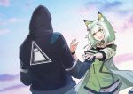  1girl 1other ambiguous_gender animal_ears arknights bare_shoulders cat_ears choker doctor_(arknights) dress green_dress green_eyes green_hair holding_hands hood hooded_jacket jacket jewelry kal&#039;tsit_(arknights) long_sleeves looking_at_another necklace open_mouth pursuit_tiantian short_hair short_sleeves sky 