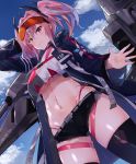  1girl arm_at_side azur_lane bangs belt bikini bikini_under_clothes black_shorts blue_jacket blue_sky bow breasts bremerton_(azur_lane) clothes_writing clouds collarbone commentary commentary_request cowboy_shot dutch_angle eyewear_on_head from_below from_side front-tie_top grey_belt grey_hair hair_between_eyes hair_bow hair_ornament hairclip highleg highleg_bikini highres jacket large_breasts long_hair looking_at_viewer mole mole_under_eye multicolored_hair navel_piercing partial_commentary piercing pink_bikini pink_eyes pink_hair red-tinted_eyewear short_shorts shorts sitting sky smile standing streaked_hair swimsuit thighs tinted_eyewear twintails two-tone_hair two-tone_shirt x_hair_ornament xenonstriker 