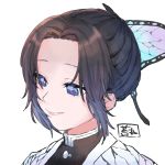  1girl black_hair blue_eyes blue_hair butterfly_hair_ornament closed_mouth gradient_hair hair_intakes hair_ornament highres kimetsu_no_yaiba kochou_shinobu kokemaru_(12tama02) multicolored_hair portrait shiny shiny_hair short_hair simple_background smile solo white_background 