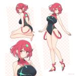  1girl bangs bare_arms bare_legs barefoot black_swimsuit blush breasts chest_jewel collarbone earrings from_behind gem highres pyra_(xenoblade) jewelry large_breasts long_legs looking_at_viewer looking_back mochimochi_(xseynao) multiple_views one-piece_swimsuit red_eyes redhead short_hair smile swept_bangs swimsuit tiara white_background xenoblade_(series) xenoblade_2 