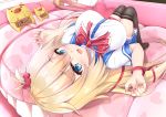  1girl :d akai_haato bed bed_sheet black_legwear blonde_hair blue_eyes breasts haaton_(haato_channel) hair_ornament heart heart_hair_ornament hololive knees_up large_breasts looking_at_viewer lying on_back open_mouth perspective school_uniform shishou_(doragyurosu) skirt smile solo thigh-highs virtual_youtuber 