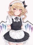  1girl alternate_costume apron arms_behind_back back_bow bangs black_bow black_dress black_ribbon blonde_hair blush bow collared_shirt cowboy_shot crystal dress enmaided flandre_scarlet frilled_apron frilled_dress frilled_shirt_collar frills hair_between_eyes hair_bow highres long_hair looking_at_viewer maid maid_apron maid_headdress neck_ribbon one_side_up pleated_dress pointy_ears puffy_short_sleeves puffy_sleeves red_eyes ribbon shirt short_sleeves skindentation solo symbol_commentary thigh-highs touhou waist_apron white_apron white_bow white_legwear white_shirt wings yuma_(yuuma_pants) zettai_ryouiki 