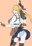  1girl absurdres assault_rifle black_legwear blonde_hair blue_panties blue_sky brown_gloves brown_hair character_request chest_rig combat_knife copyright_request cowboy_shot drawstring fn_scar foregrip from_behind gloves green_eyes groin gun hair_between_eyes handgun headset highres hinata_natsumikan hip_vent holster knife long_hair panties pantyshot pistol ponytail rifle short_sleeves sky solo thigh-highs thigh_holster underwear weapon weapon_request wind wind_lift 