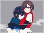 1boy 1girl arms_around_neck bare_shoulders black_gloves blue_eyes blue_hair blue_scarf brown_eyes brown_hair coat commentary couple crop_top elbow_gloves gloves grey_background half-closed_eyes hetero hug kaito light_smile looking_at_viewer meiko midriff red_shirt scarf shirt upper_body vocaloid white_coat yen-mi 