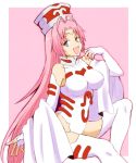  1girl :d ahoge antenna_hair blue_eyes breasts breasts_apart elbow_gloves fingerless_gloves gloves hair_intakes houshin_engi koroni_(nkrgs) large_breasts leotard long_hair looking_at_viewer open_mouth pink_background pink_hair sash shiny shiny_hair sitting smile so_dakki solo thigh-highs two-tone_background very_long_hair white_background white_gloves white_legwear white_leotard 