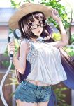  1girl bangs blue_shorts blurry blurry_background breasts brown_hair contemporary denim denim_shorts dousunnen fate/grand_order fate_(series) frills glasses hat highres hose large_breasts long_hair looking_at_viewer low_twintails open_mouth osakabe-hime_(fate/grand_order) outdoors shirt short_shorts shorts sleeveless sleeveless_shirt solo straw_hat tree twintails very_long_hair violet_eyes white_shirt 
