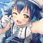  1girl b.ren bangs blue_hair blush commentary_request eyebrows_visible_through_hair gloves hair_between_eyes hair_ornament highres long_hair looking_at_viewer love_live! love_live!_school_idol_project microphone one_eye_closed open_mouth outstretched_arm reaching_out smile solo sonoda_umi white_gloves yellow_eyes 