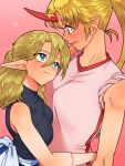  2girls blonde_hair blush green_eyes highres horn hoshiguma_yuugi hug long_hair mito_(mo96g) mizuhashi_parsee multiple_girls oni pink_background pointy_ears red_eyes shirt short_hair sleeveless sweat touhou yuri 