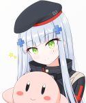  1girl absurdres bangs beret blue_eyes blunt_bangs blush blush_stickers commentary_request eyebrows_visible_through_hair facial_mark girls_frontline green_eyes hair_ornament hat highres hk416_(girls_frontline) jacket kirby kirby_(series) long_hair military_jacket risshu silver_hair smile teardrop 