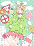  1girl balloon bandaid bangs blonde_hair blue_eyes bottle bow building clouds collarbone commentary drawstring expressionless feet_out_of_frame flower frilled_skirt frills giraffe green_hoodie hair_bow hair_ornament hairclip hand_in_pocket heart heart_print kagamine_rin looking_at_viewer melancholic_(vocaloid) miniskirt momo_pip orange_flower parted_lips pink_skirt pleated_skirt road_sign short_hair sign skirt solo stop_sign swept_bangs vocaloid white_bow yellow_flower 