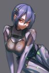  1girl android blue_hair breasts closed_fan collarbone eyebrows_visible_through_hair eyes_visible_through_hair fan folding_fan grey_background hair_between_eyes headgear highres mechanical mechanical_legs original rakuga_kiya red_eyes short_hair simple_background smile solo 