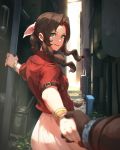  1girl aerith_gainsborough alley belt bracelet braid brown_hair cloud_strife cowboy_shot cropped_jacket final_fantasy final_fantasy_vii final_fantasy_vii_remake green_eyes highres holding jacket jewelry jiro_(ninetysix) lips long_hair looking_at_viewer out_of_frame outstretched_arm outstretched_hand parted_lips ponytail red_jacket single_braid smile 