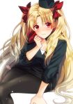  1girl aburi_rare bangs black_jacket black_legwear black_skirt blonde_hair blush bow breasts closed_mouth contemporary ereshkigal_(fate/grand_order) fate/grand_order fate_(series) garrison_cap hair_bow hat heroic_spirit_festival_outfit jacket long_hair long_sleeves looking_at_viewer medium_breasts parted_bangs red_bow red_eyes red_scarf scarf simple_background sitting skirt solo thighs two_side_up white_background 
