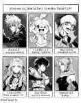  3boys 3girls ;d animal_ears ashitaka bare_shoulders bleach bridal_gauntlets character_name copyright_name crossover dog_ears dog_tail doubutsu_no_mori earrings edelgard_von_hresvelg expressionless fire_emblem fire_emblem:_three_houses gloves greyscale gym_leader hair_ribbon happy highres jewelry kibana_(pokemon) kingdom_hearts kingdom_hearts_ii long_hair looking_at_viewer monochrome mononoke_hime multiple_boys multiple_crossover multiple_girls musical_note one_eye_closed open_mouth parted_lips pokemon pokemon_(game) pokemon_swsh pokurimio ribbon roxas serious shihouin_yoruichi shizue_(doubutsu_no_mori) short_hair sidelocks signature six_fanarts_challenge smile tail tail_wagging tongue tongue_out topknot 