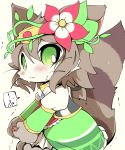  !!? 1girl animal_ears azuma_minatsu blush brown_hair cat cat_busters cat_ears cat_girl cat_tail character_request commentary_request dress flower furry green_dress green_eyes hair_flower hair_ornament pawpads slit_pupils solo striped_tail sweatdrop tail tiara whiskers 