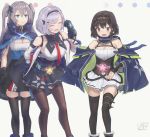  3girls :3 :d :o absurdres azur_lane black_gloves black_hair black_legwear black_ribbon blue_eyes closed_eyes clothes_writing commentary_request cooper_(azur_lane) diadem eicam gloves grey_background grey_hair hachimaki hair_ribbon hand_on_hip headband highres intrepid_(azur_lane) leaning_forward long_hair metal_gloves multiple_girls necktie open_mouth pink_eyes pleated_skirt red_neckwear reno_(azur_lane) ribbon short_hair signature skirt smile standing thigh-highs two_side_up zettai_ryouiki 