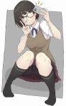  1girl black_legwear bob_cut breasts brown_eyes brown_hair cardigan cellphone collared_shirt eyebrows full_body glasses highres holding holding_phone ina_(gokihoihoi) kneehighs large_breasts looking_at_viewer original phone red_skirt shirt short_hair short_sleeves skirt solo squatting v white_shirt 