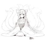  1girl ahri animal_ears blush closed_mouth dated ejami facial_mark fox_ears fox_girl fox_tail greyscale japanese_clothes kimono league_of_legends long_hair looking_at_viewer monochrome multiple_tails signature simple_background smile solo tail whisker_markings white_background 