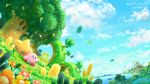 absurdres aircraft block blue_sky castle clouds crying crying_with_eyes_open dirigible flower grass highres hill kirby kirby:_star_allies kirby_(series) kracko lalala_(kirby) leaves_in_wind lololo_(kirby) mountain ocean pond sky smile star tears transformation tree tyutaka0427 void_termina whale whispy_woods 