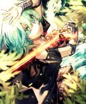  1girl arm_up blurry_foreground byleth_(fire_emblem) byleth_eisner_(female) fire_emblem fire_emblem:_three_houses from_above green_hair highres holding holding_sword holding_weapon long_hair looking_at_viewer pantyhose shiny shiny_hair short_sleeves solo sword tida_2112 weapon 
