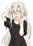  1girl alternate_hair_length alternate_hairstyle azur_lane bangs black_shirt blush breasts collarbone commentary_request constricted_pupils dated eyebrows_visible_through_hair flying_sweatdrops grey_hair hachishima hair_between_eyes highres horns kinu_(azur_lane) long_hair looking_at_viewer nose_blush oni_horns open_mouth shirt short_sleeves signature sketch small_breasts solo surprised t-shirt tsurime upper_body wavy_mouth yellow_eyes 