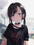  1girl absurdres bangs black_hair black_shirt blue_eyes blurry blurry_background blush buckle closed_mouth clothes_writing collar collarbone depth_of_field english_text hair_ornament hair_tie hairclip highres long_hair low_twintails nadegata original profanity shirt short_sleeves smile solo twintails upper_body 