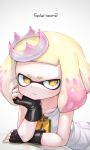 +_+ 1girl cephalopod_eyes chin_rest crown domino_mask dress elbow_rest fingerless_gloves gloves hand_on_table head_rest highres kashu_(hizake) looking_at_viewer mask mole mole_under_mouth multicolored_hair pearl_(splatoon) splatoon_(series) splatoon_2 suction_cups table tentacle_hair upper_body yellow_eyes zipper_pull_tab