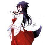  1girl animal_ears black_hair blush chinese_commentary commentary_request dated ejami ekko_(ejami) fox_ears fox_girl fox_tail hakama japanese_clothes long_hair looking_at_viewer miko open_mouth original red_eyes red_hakama signature simple_background solo tail white_background 