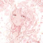  1girl bangs bare_shoulders cherry_blossoms day flower kousagi long_hair looking_away looking_up mouth_hold off_shoulder original petals pink_eyes pink_flower pink_hair pink_theme see-through solo spring_(season) tree_branch upper_body veil wavy_hair white_background 