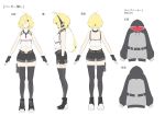  1girl ahoge black_gloves black_shorts blonde_hair braid character_sheet commentary crop_top faceless faceless_female fingerless_gloves full_body gloves headset highres long_hair multiple_views shigure1213 shirt shorts thigh-highs thigh_strap translation_request tsurumaki_maki voiceroid white_shirt 