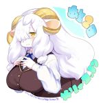  1girl blue_ribbon blush commentary_request furry horns kishibe long_hair looking_at_viewer original ribbon sheep sheep_girl sheep_horns simple_background solo translation_request upper_body white_background white_hair yellow_eyes 