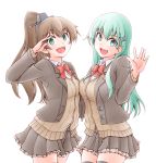  2girls aqua_eyes aqua_hair bangs blazer blue_eyes brown_cardigan brown_hair brown_jacket brown_legwear brown_skirt cardigan collared_shirt commentary_request eyebrows_visible_through_hair hair_ornament hairclip jacket kantai_collection kumano_(kantai_collection) long_hair long_sleeves looking_at_viewer meihemu multiple_girls open_blazer open_clothes open_jacket open_mouth pleated_skirt ponytail remodel_(kantai_collection) school_uniform shirt simple_background skirt smile suzuya_(kantai_collection) thigh-highs white_background white_shirt 