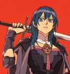  1girl armor blue_eyes blue_hair byleth_(fire_emblem) byleth_eisner_(female) closed_mouth fire_emblem fire_emblem:_three_houses holding holding_sword holding_weapon hrmt3391 red_background simple_background solo sword upper_body weapon 