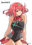  1girl bangs bare_arms bare_shoulders black_swimsuit blush breasts chest_jewel earrings highres pyra_(xenoblade) jewelry large_breasts red_eyes redhead short_hair simple_background solo swept_bangs swimsuit tiara twitter_username white_background xenoblade_(series) xenoblade_2 yuuuun0218 