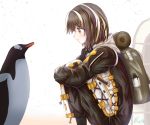  1girl arknights backpack bag belt bird blush brown_hair closed_mouth eyebrows_visible_through_hair formal from_side highres long_sleeves magallan_(arknights) orange_eyes penguin rino_rea short_hair smile snow solo squatting suit white_hair 