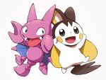  :d black_eyes commentary_request creature emolga fangs full_body gen_2_pokemon gen_5_pokemon gligar happy hijirino_yuuta looking_at_viewer no_humans open_mouth pokemon pokemon_(creature) simple_background smile white_background 