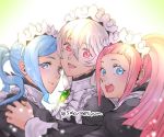  3girls blue_eyes blue_hair closed_mouth corrin_(fire_emblem) corrin_(fire_emblem)_(female) felicia_(fire_emblem) fire_emblem fire_emblem_fates flora_(fire_emblem) from_side gem long_hair long_sleeves looking_to_the_side maid maid_headdress multiple_girls open_mouth pink_hair ponytail red_eyes siblings sisters tombsakura twintails twitter_username upper_body white_hair 