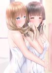  2girls absurdres bare_shoulders black_hair blonde_hair blue_eyes couple grabbing highres hug long_hair multiple_girls naginagiwaffle original pajamas sleepwear towel water wet yellow_eyes yuri 