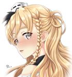  1girl bangs bare_shoulders blonde_hair blush braid commentary_request dated eyebrows_visible_through_hair french_braid grey_eyes hair_between_eyes hat highres kantai_collection long_hair looking_at_viewer looking_back mini_hat nose_blush parted_lips remodel_(kantai_collection) shirt side_braid sidelocks signature simple_background smile solo thick_eyebrows tilted_headwear tk8d32 upper_body wavy_hair white_background white_headwear white_shirt zara_(kantai_collection) 