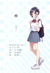  1girl absurdres backpack bag bangs black_hair blue_eyes blush bow bowtie closed_mouth highres lips looking_at_viewer morikura_en original pleated_skirt polka_dot polka_dot_background red_bow shiny shiny_hair shirt shoes short_sleeves simple_background skirt sneakers solo standing 