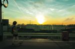  1girl backpack bag black_hair cityscape commentary condensation_trail english_commentary hand_in_pocket highres hood hoodie kensight328 looking_away original scenery short_hair sky solo sunset twilight walking 