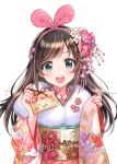  1girl :d a.i._channel absurdres blush brown_hair egasumi ema fingernails floral_print flower fur_collar green_eyes hair_flower hair_ornament hair_ribbon hairband head_tilt highres holding japanese_clothes kimono kizuna_ai long_hair long_sleeves morikura_en multicolored_hair obi open_mouth pinching_sleeves pink_flower pink_hair pink_hairband pink_kimono pink_rose purple_flower ribbon rose round_teeth sash scan smile solo streaked_hair teeth upper_body upper_teeth very_long_hair virtual_youtuber white_background white_flower wide_sleeves 