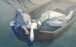  1girl absurdres blue_hair boat china_dress chinese_clothes closed_eyes dress from_above fu_hua fu_hua_(azure_empyrea) hair_ornament hair_over_one_eye hairpin highres honkai_(series) honkai_impact_3rd long_hair lying outdoors partially_submerged pleated_sleeves ponytail rafaelaaa shoulder_cutout sleeping solo water watercraft 